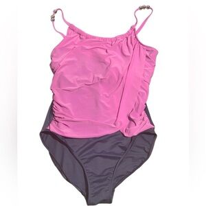 MagicSuit Women's Pink & Charcoal Two-Tone Ruched One-Piece Swimsuit Size 16